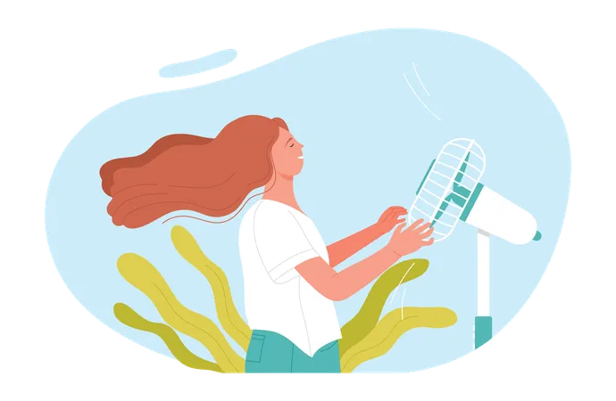 Frau steht vor Ventilator  Illustration