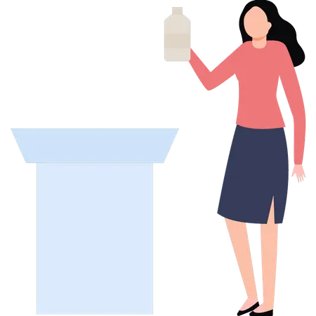 Frau stellt Flasche auf den Tisch  Illustration