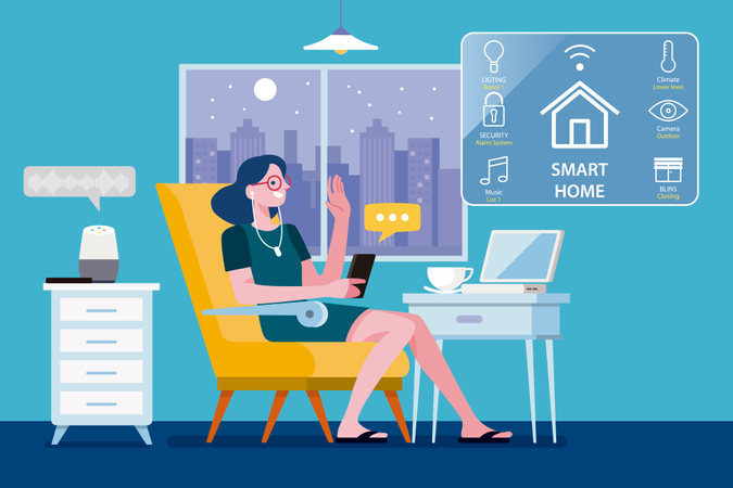 Frau steuert modernes Smart Home per Smartphone  Illustration