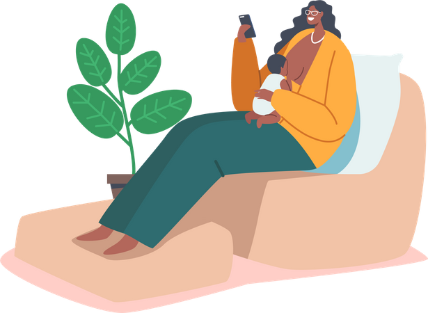 Frau stillt und schaut dabei auf ihr Smartphone  Illustration