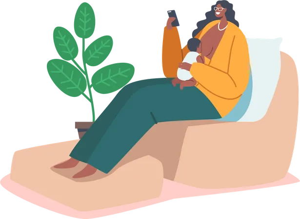 Frau stillt und schaut dabei auf ihr Smartphone  Illustration