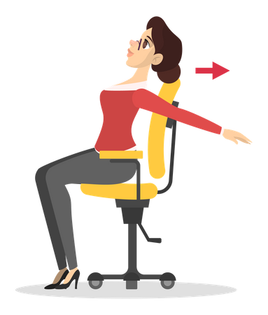 Frau streckt den Rücken, sitzt auf einem Stuhl im Büro  Illustration