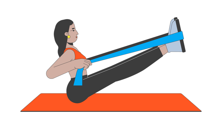 Frau macht Stretching mit Widerstandsband auf Yogamatte  Illustration