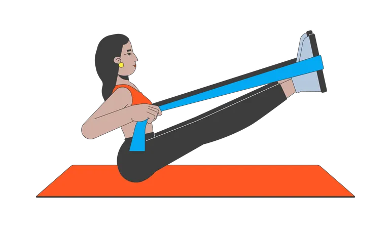 Frau macht Stretching mit Widerstandsband auf Yogamatte  Illustration