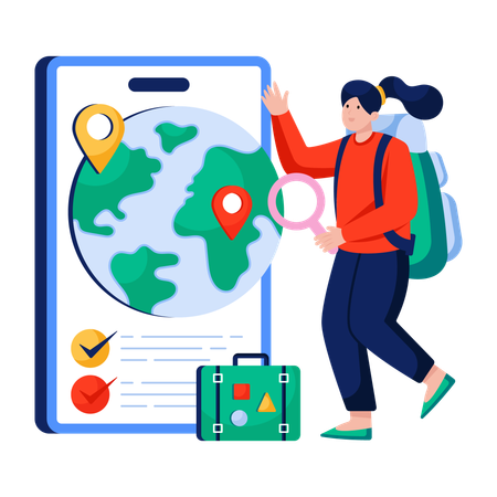 Frau sucht globalen Standort  Illustration
