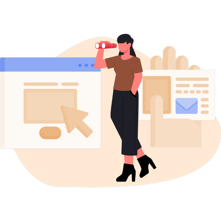 Frau sucht Web Courser mit Teleskop  Illustration