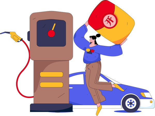 Frau tankt Auto an Tankstelle  Illustration