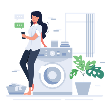 Frau telefoniert mit Handy neben Waschmaschine  Illustration