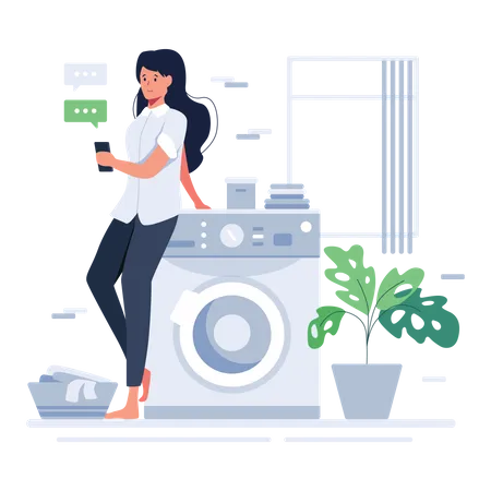 Frau telefoniert mit Handy neben Waschmaschine  Illustration