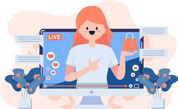 Frau testet oder verkauft Produkt per Live-Streaming  Illustration