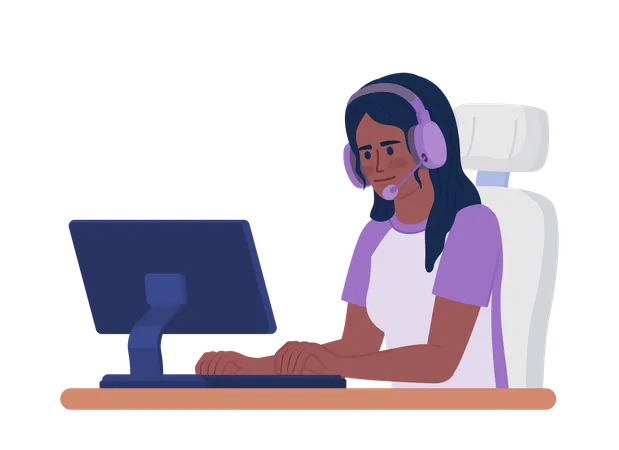 Frau tippt auf der Tastatur und trägt ein Headset  Illustration