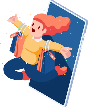 Frau mit Einkaufstüten kommt aus Smartphone  Illustration