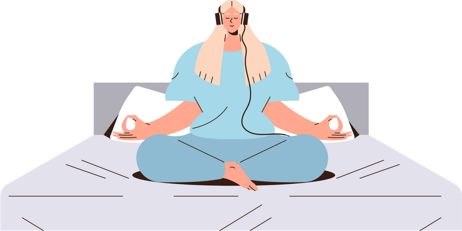 Frau mit Kopfhörern meditiert und hört Online-Training im Internet und genießt geführte Meditation  Illustration