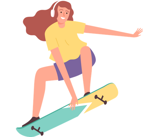 Frau trägt Kopfhörer und fährt Skateboard  Illustration