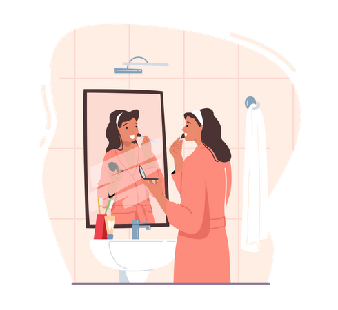 Frau trägt Make-up und macht sich im Badezimmer fertig  Illustration