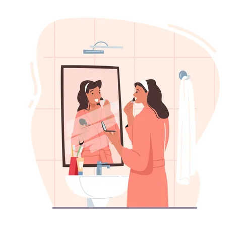 Frau trägt Make-up und macht sich im Badezimmer fertig  Illustration