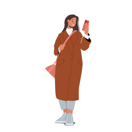 Frau trägt Mantel und schaut ins Telefon  Illustration