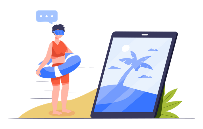 Frau trägt digitale Virtual-Reality-Brille für Strandsimulator  Illustration