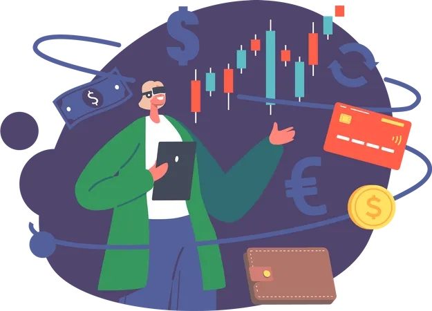 Frau mit VR-Brille vor dem AR-Analyse-Dashboard  Illustration