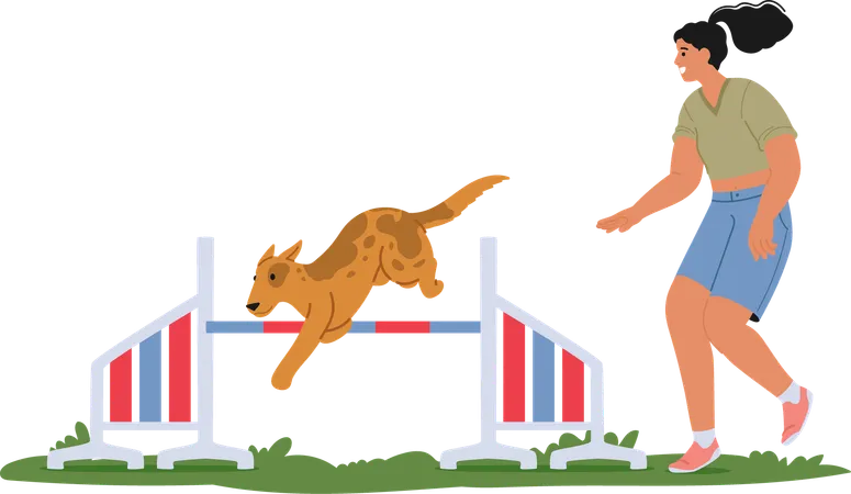 Frau trainiert Hund im Agility-Parcours  Illustration