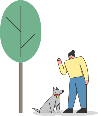 Frau trainiert den Hund in der Stadt  Illustration