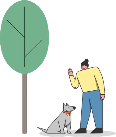 Frau trainiert den Hund in der Stadt  Illustration