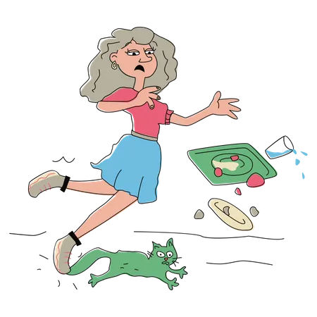 Frau trat auf eine Katze und fiel  Illustration