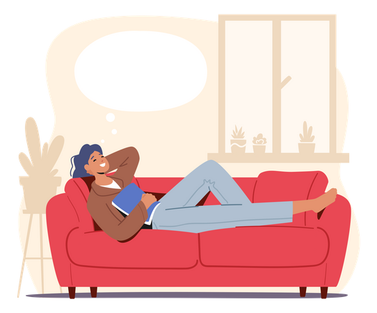 Frau träumt, während sie auf der Couch liegt  Illustration