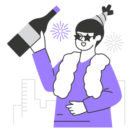 Frau trinkt Champagner am Silvesterabend  Illustration