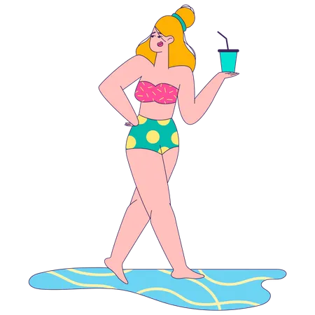 Frau mit Drinks am Strand  Illustration