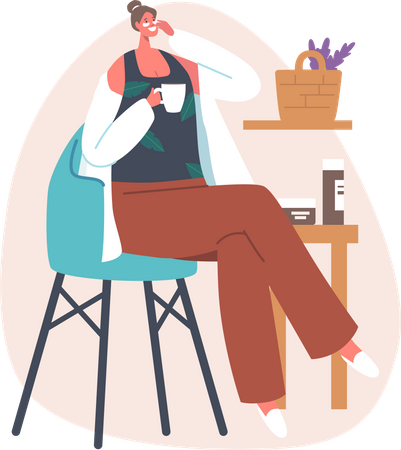 Frau trinkt Kaffee und trägt dabei eine Gesichtsmaske auf  Illustration
