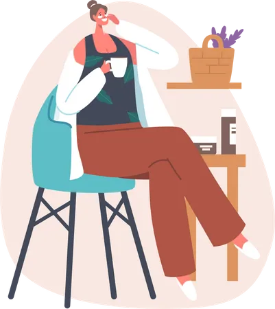 Frau trinkt Kaffee und trägt dabei eine Gesichtsmaske auf  Illustration