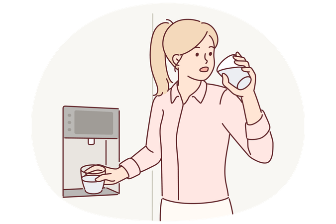 Frau trinkt kaltes Wasser und steht neben Kühlschrank mit Spender zum Servieren von gekühltem Wasser mit Eis  Illustration