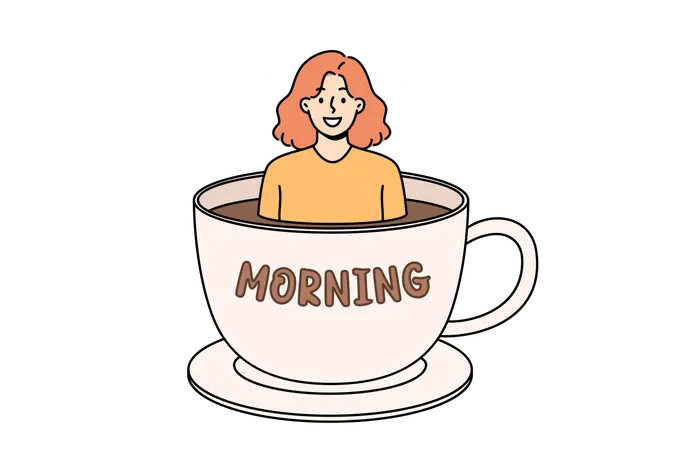 Frau trinkt morgens heißen Kaffee  Illustration