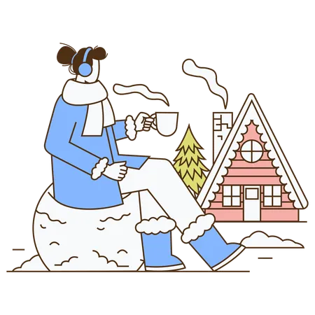 Frau trinkt im Winter warmen Kaffee  Illustration