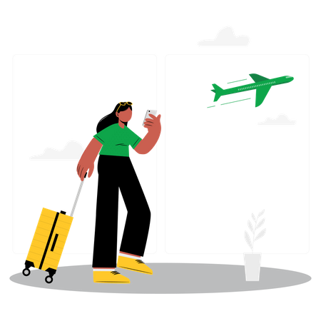 Frau prüft Flugzeit auf Handy  Illustration