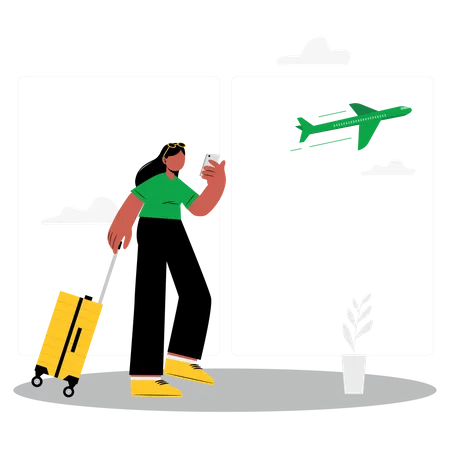 Frau prüft Flugzeit auf Handy  Illustration