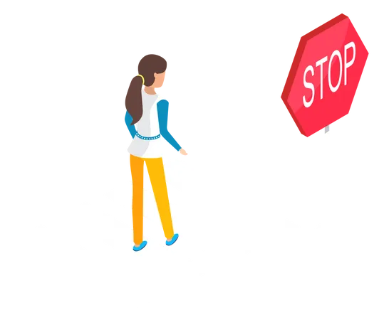 Frau überquert Straße in der Nähe von Stoppschild  Illustration