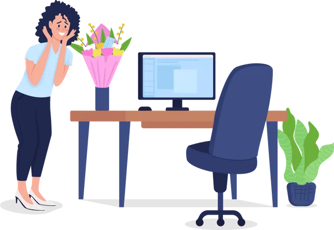 Frau am Arbeitsplatz mit Blumenstrauß überrascht  Illustration