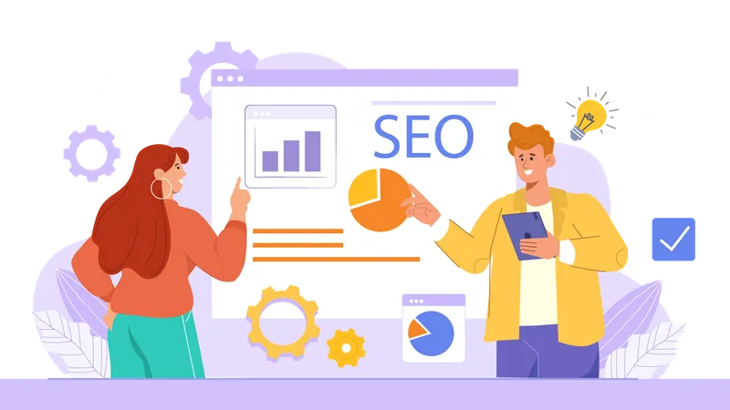 Frau und Geschäftsmann arbeiten an SEO-Analyse und bekommen dabei SEO-Ideen  Illustration