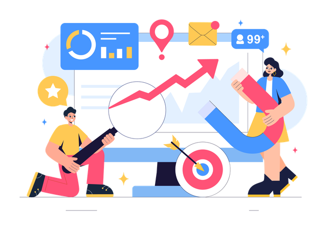 Investorin und Investor machen Marktanalyse  Illustration