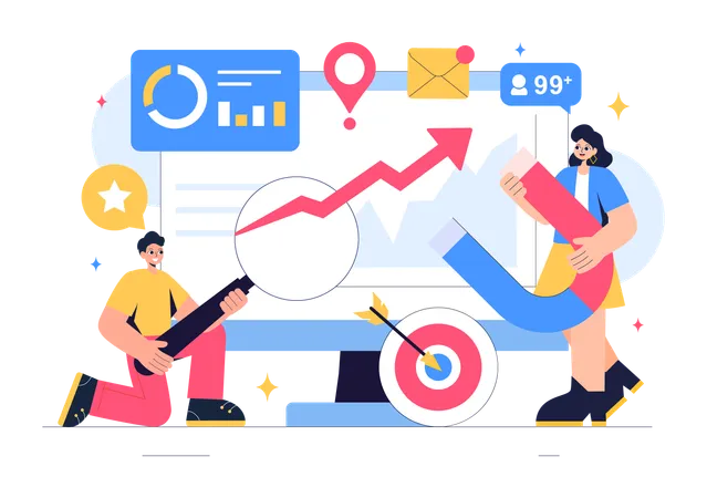 Investorin und Investor machen Marktanalyse  Illustration