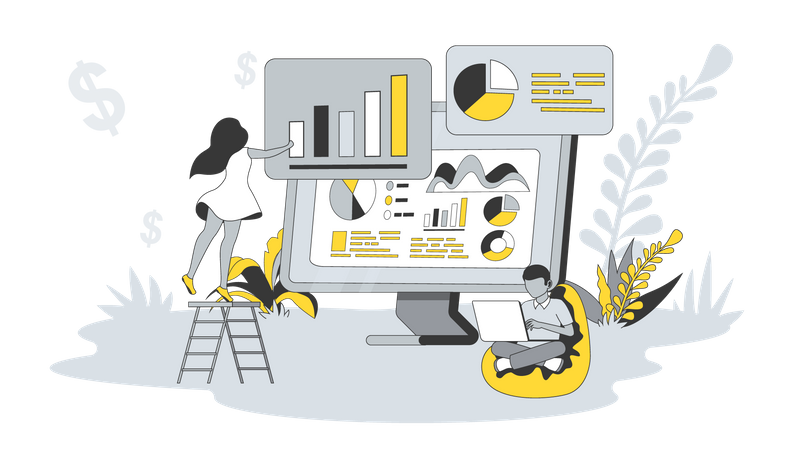 Frau und Mann analysieren Finanzdiagramme  Illustration