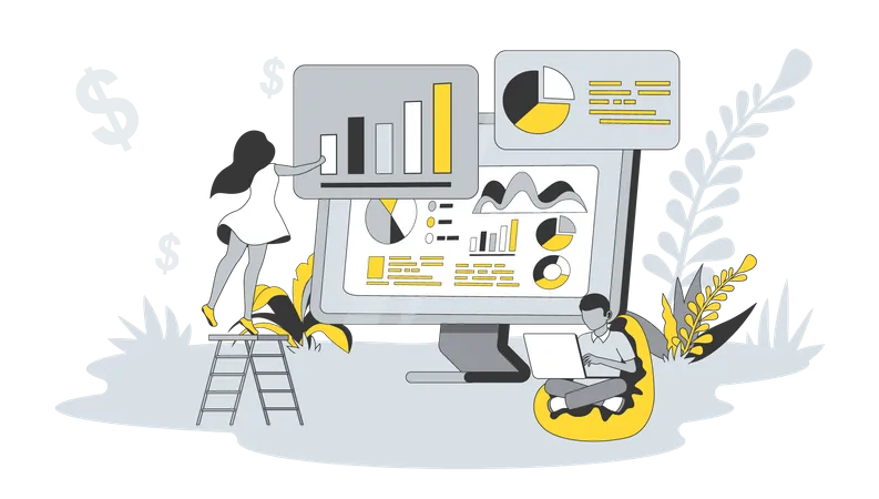 Frau und Mann analysieren Finanzdiagramme  Illustration