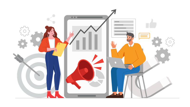 Frau und Mann arbeiten an Marketinganalysen und Marketingzielen  Illustration