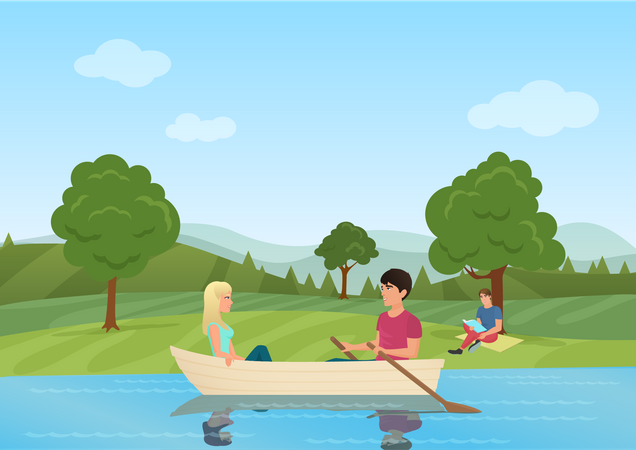 Frau und Mann beim Bootfahren im Leck  Illustration