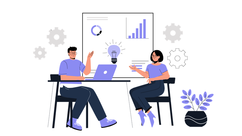 Frau und Mann diskutieren über Analysediagramm  Illustration