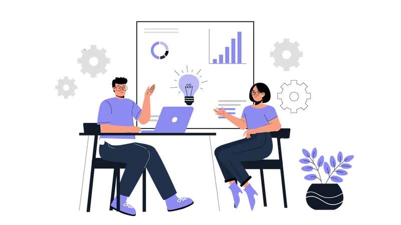 Frau und Mann diskutieren über Analysediagramm  Illustration