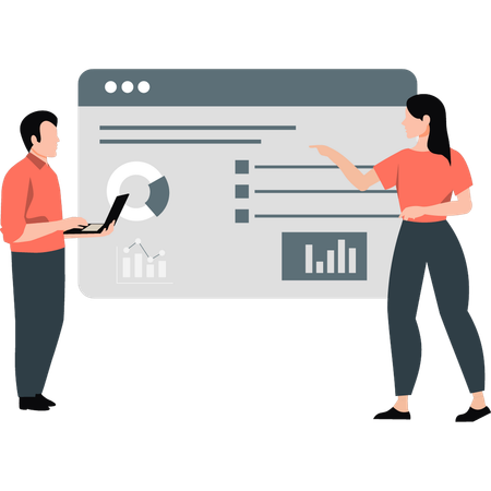 Frau und Mann diskutieren Kreisdiagramm einer Webseite  Illustration