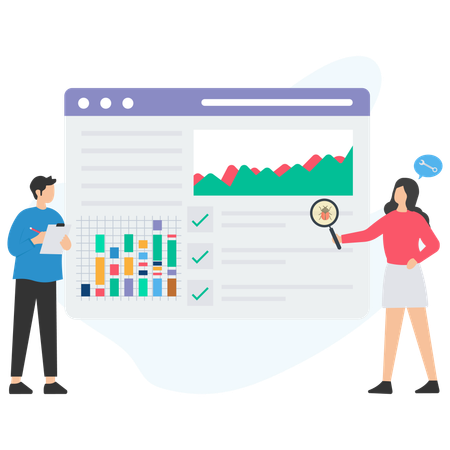 Frau und Mann führen Webseitenanalyse durch  Illustration